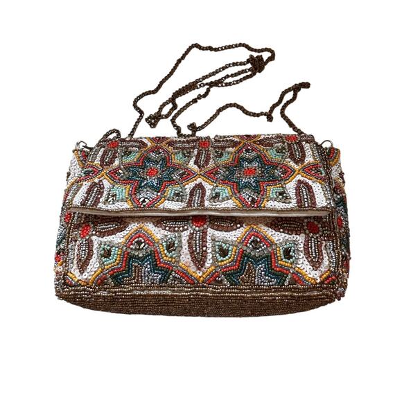 Antik Kraft Bohemian Southwest Beaded Fringe Clutch Handbag Purse With Chain - Picture 3 of 7